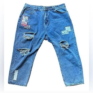 SHEIN Distressed Mid Blue PATCHWORK Boyfriend Jeans. EUC SIZE 4 XL RUNS SMALL